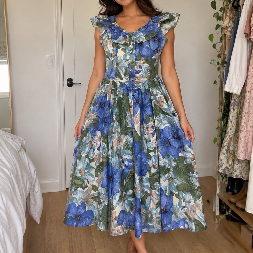 Vintage Floral Drop Waist Prairie Cottage Midi Dress coquette 80s tea picnic